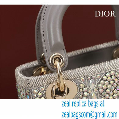 Lady Dior mini Bag in Metallic Calfskin and Satin with gray Bead Embroidery 2022