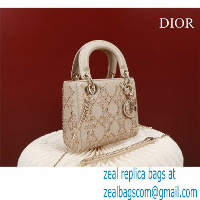 Lady Dior mini Bag in Platinum Metallic Cannage Lambskin with Beaded Embroidery 2022 - Click Image to Close