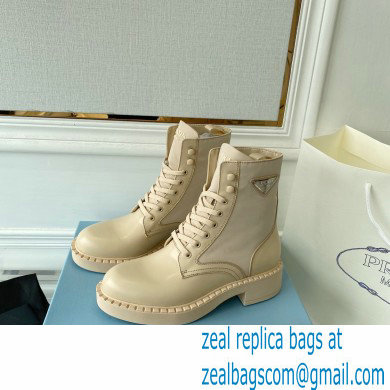 Prada Brushed leather and Re-Nylon lace-up Ankle boots 1T782M Beige - Click Image to Close