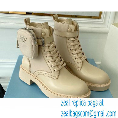 Prada Brushed leather and Re-Nylon lace-up Ankle boots with Removable pouch Beige - Click Image to Close