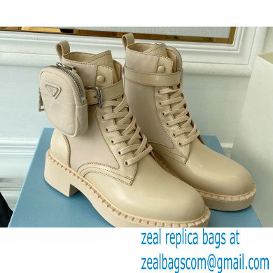 Prada Brushed leather and Re-Nylon lace-up Ankle boots with Removable pouch Beige