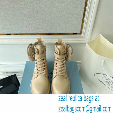 Prada Brushed leather and Re-Nylon lace-up Ankle boots with Removable pouch Beige