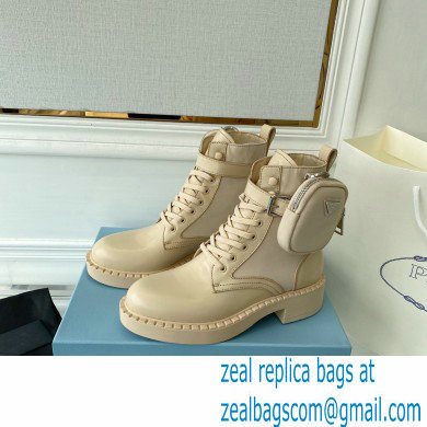 Prada Brushed leather and Re-Nylon lace-up Ankle boots with Removable pouch Beige