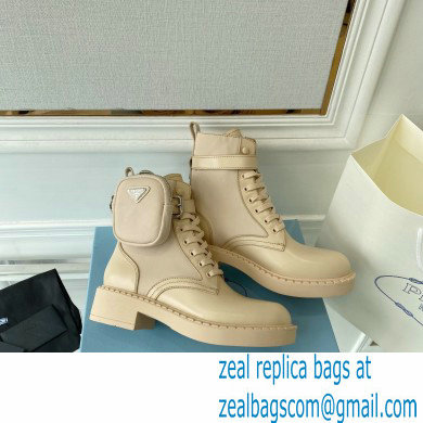 Prada Brushed leather and Re-Nylon lace-up Ankle boots with Removable pouch Beige