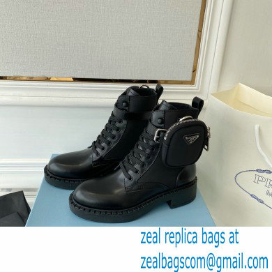 Prada Brushed leather and Re-Nylon lace-up Ankle boots with Removable pouch Black