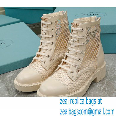 Prada Heel 4.5cm Brushed leather and mesh lace-up Ankle boots Light Beige 2022