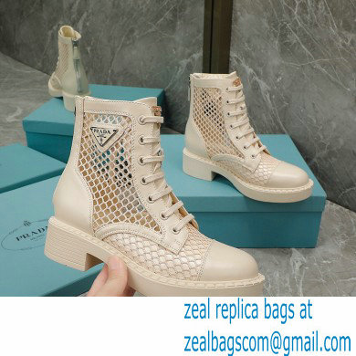 Prada Heel 4.5cm Brushed leather and mesh lace-up Ankle boots Light Beige 2022