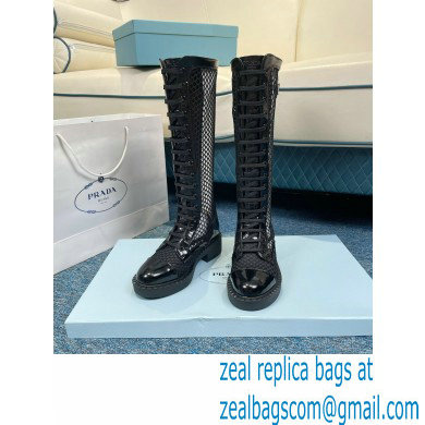 Prada Heel 4.5cm Brushed leather and mesh lace-up High boots Black 2022
