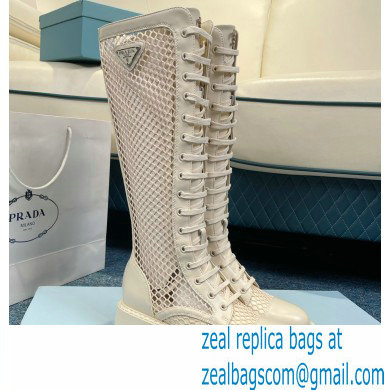 Prada Heel 4.5cm Brushed leather and mesh lace-up High boots Light Beige 2022 - Click Image to Close