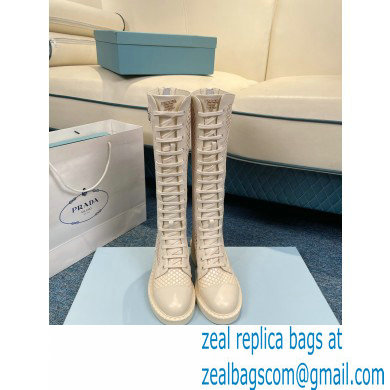 Prada Heel 4.5cm Brushed leather and mesh lace-up High boots Light Beige 2022