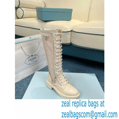 Prada Heel 4.5cm Brushed leather and mesh lace-up High boots Light Beige 2022 - Click Image to Close