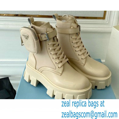 Prada Monolith leather and nylon fabric lace-up Ankle boots with Removable pouch 1T255M Beige