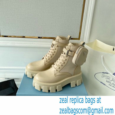 Prada Monolith leather and nylon fabric lace-up Ankle boots with Removable pouch 1T255M Beige