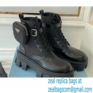 Prada Monolith leather and nylon fabric lace-up Ankle boots with Removable pouch 1T255M Black