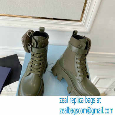 Prada Monolith leather and nylon fabric lace-up Ankle boots with Removable pouch 1T255M Military Green