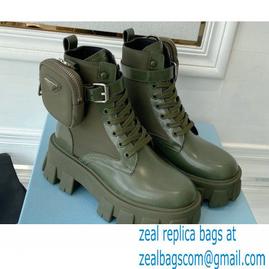 Prada Monolith leather and nylon fabric lace-up Ankle boots with Removable pouch 1T255M Military Green