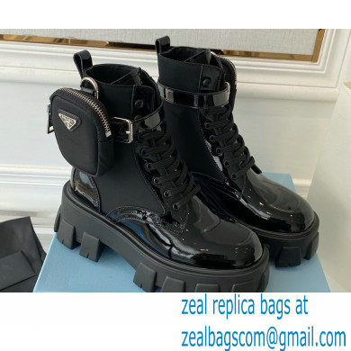 Prada Monolith leather and nylon fabric lace-up Ankle boots with Removable pouch 1T255M Patent Black