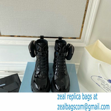 Prada Monolith leather and nylon fabric lace-up Ankle boots with Removable pouch 1T255M Patent Black
