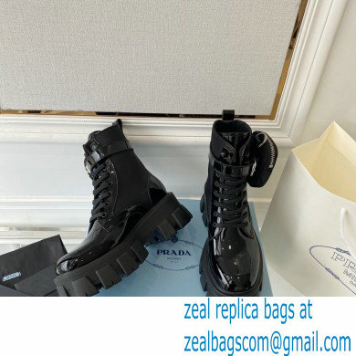 Prada Monolith leather and nylon fabric lace-up Ankle boots with Removable pouch 1T255M Patent Black
