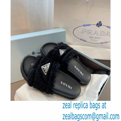 Prada triangle logo Shearling slides 1XX592 Black 2022