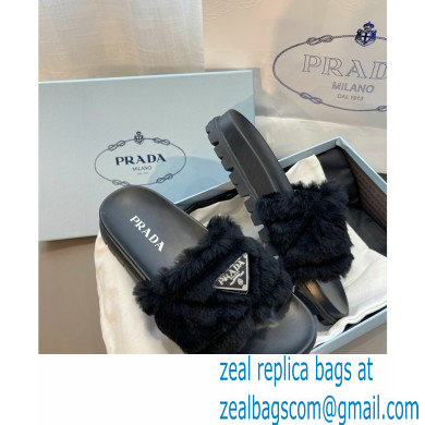 Prada triangle logo Shearling slides 1XX592 Black 2022