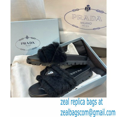 Prada triangle logo Shearling slides 1XX592 Black 2022 - Click Image to Close