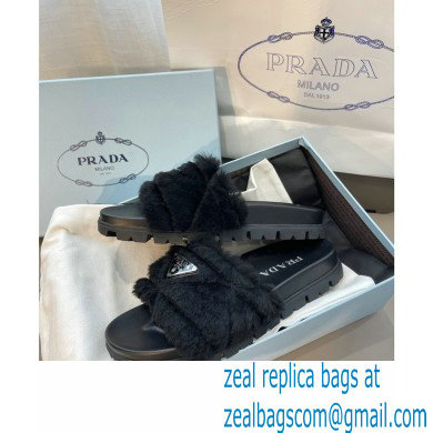 Prada triangle logo Shearling slides 1XX592 Black 2022