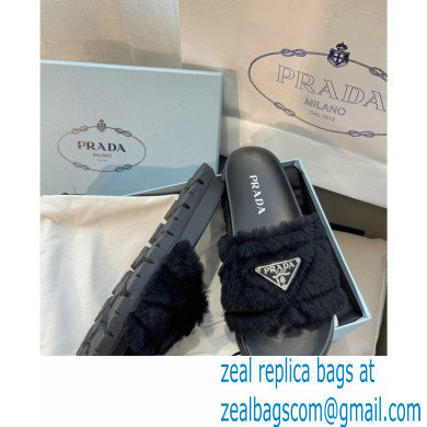 Prada triangle logo Shearling slides 1XX592 Black 2022 - Click Image to Close