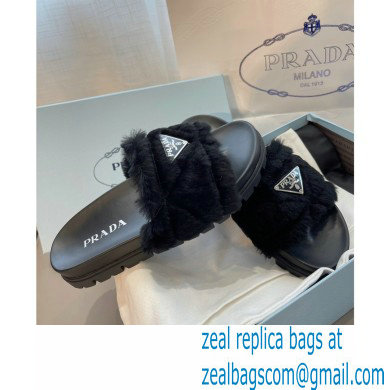 Prada triangle logo Shearling slides 1XX592 Black 2022 - Click Image to Close