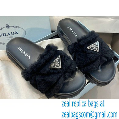 Prada triangle logo Shearling slides 1XX592 Black 2022