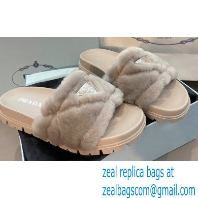 Prada triangle logo Shearling slides 1XX592 Gray 2022