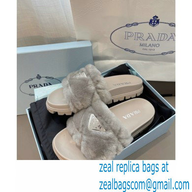 Prada triangle logo Shearling slides 1XX592 Gray 2022