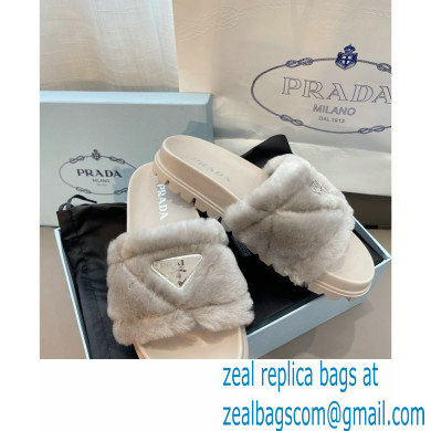 Prada triangle logo Shearling slides 1XX592 Gray 2022