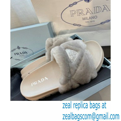 Prada triangle logo Shearling slides 1XX592 Gray 2022