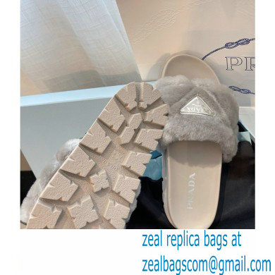 Prada triangle logo Shearling slides 1XX592 Gray 2022 - Click Image to Close