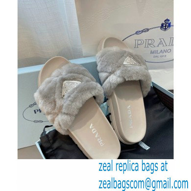 Prada triangle logo Shearling slides 1XX592 Gray 2022