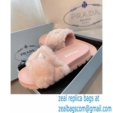 Prada triangle logo Shearling slides 1XX592 Pink 2022 - Click Image to Close