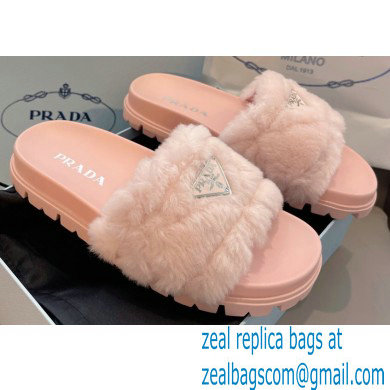 Prada triangle logo Shearling slides 1XX592 Pink 2022 - Click Image to Close