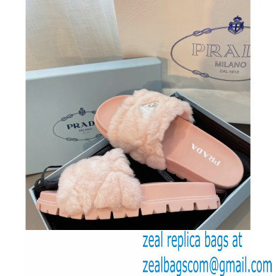 Prada triangle logo Shearling slides 1XX592 Pink 2022 - Click Image to Close