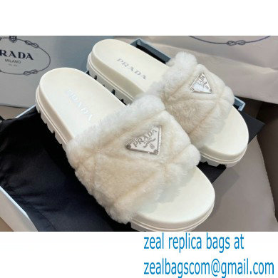 Prada triangle logo Shearling slides 1XX592 White 2022