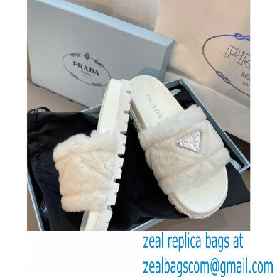 Prada triangle logo Shearling slides 1XX592 White 2022 - Click Image to Close