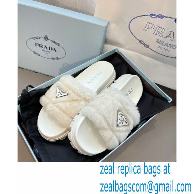 Prada triangle logo Shearling slides 1XX592 White 2022