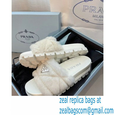 Prada triangle logo Shearling slides 1XX592 White 2022