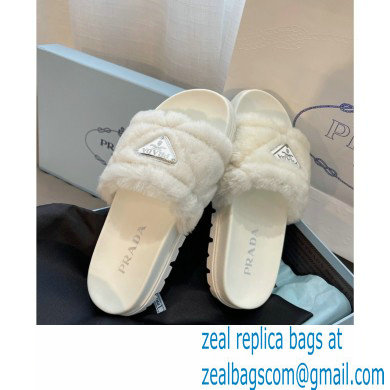 Prada triangle logo Shearling slides 1XX592 White 2022 - Click Image to Close