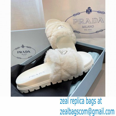 Prada triangle logo Shearling slides 1XX592 White 2022
