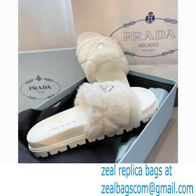 Prada triangle logo Shearling slides 1XX592 White 2022 - Click Image to Close