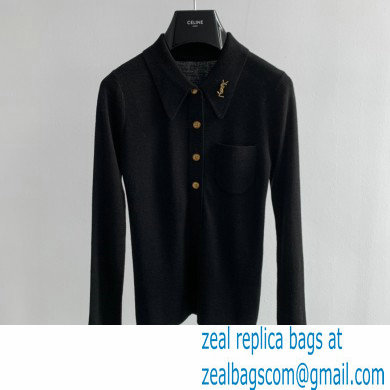 SAINT LAURENT Extra fine viscose polo knit black 2022 - Click Image to Close