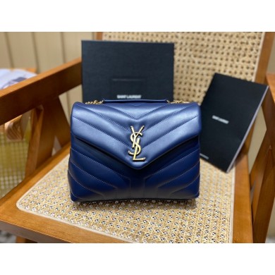 SAINT LAURENT loulou small chain bag en cuir matelasse Y 494699 navy blue with gold hardware(ORIGINAL QUALITY)