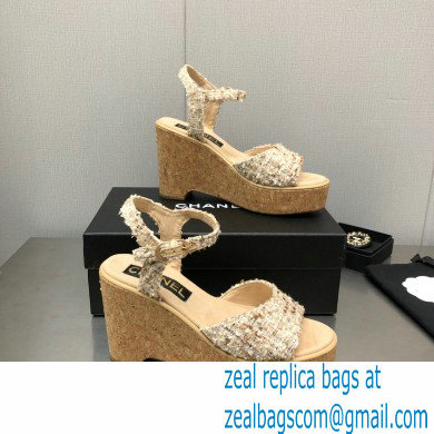 Chanel Heel 8cm Platform Sandal Tweed Beige 2023
