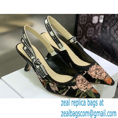 Dior Heel 6.5cm J'Adior Slingback Pumps in Black Multicolor Cotton with Dior Jardin Botanique Embroidery 2023